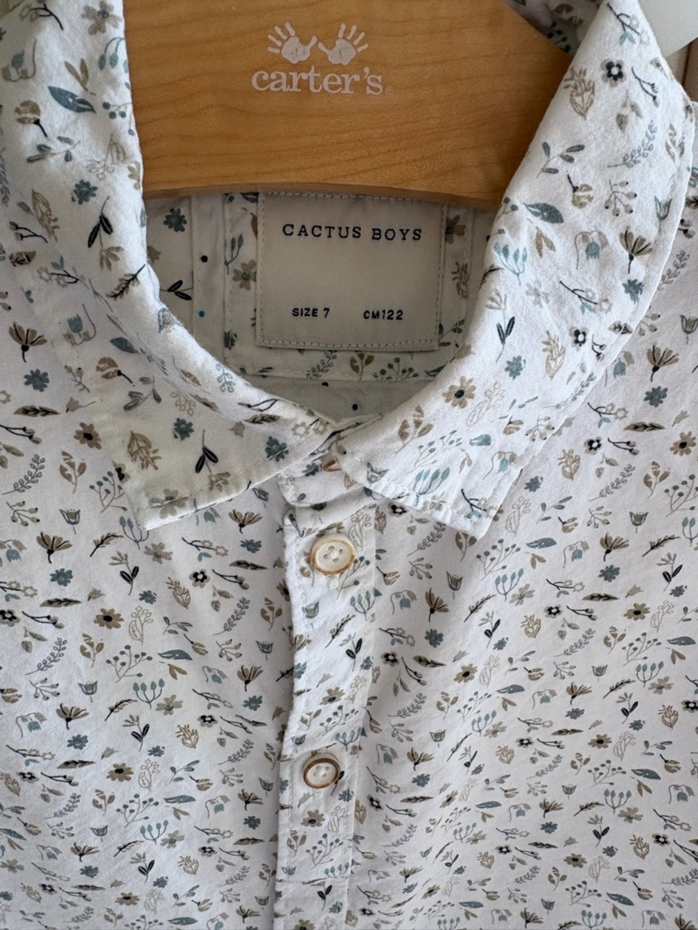 Cactus Boys White Button-Down Shirt with Tiny Floral Print
